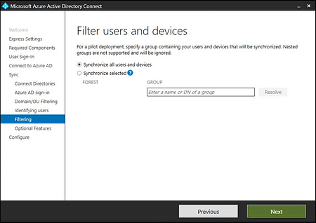 Group-based filtering options in AD Connect Setup Assistant