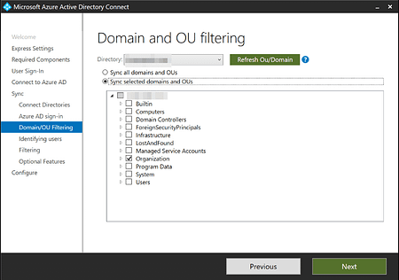 OU-based filtering options in AD Connect Setup Assistant